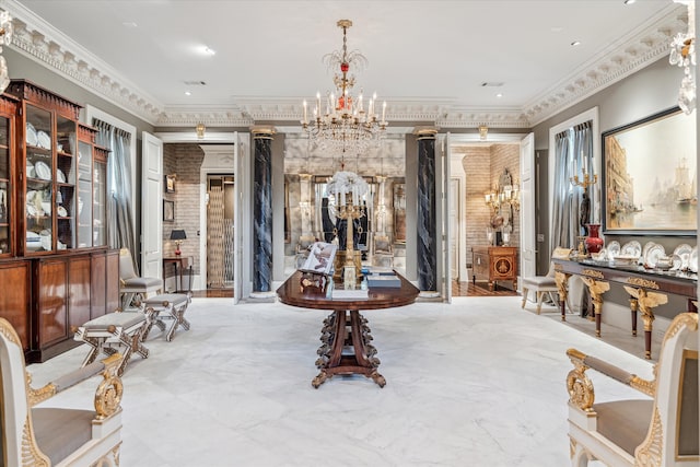 interior space featuring ornamental molding, a chandelier, and brick wall