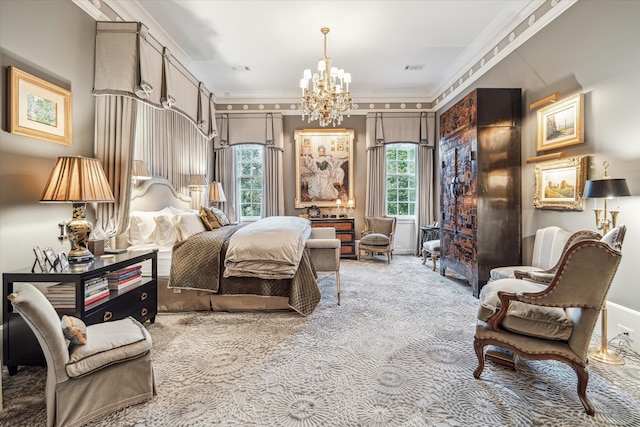 bedroom featuring crown molding, a notable chandelier, and light colored carpet