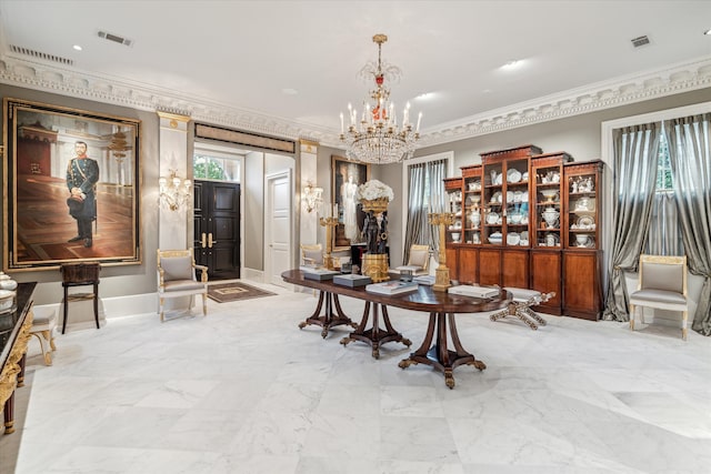 interior space with crown molding, a healthy amount of sunlight, and a notable chandelier