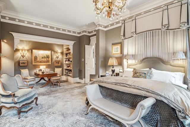 carpeted bedroom featuring a chandelier and crown molding