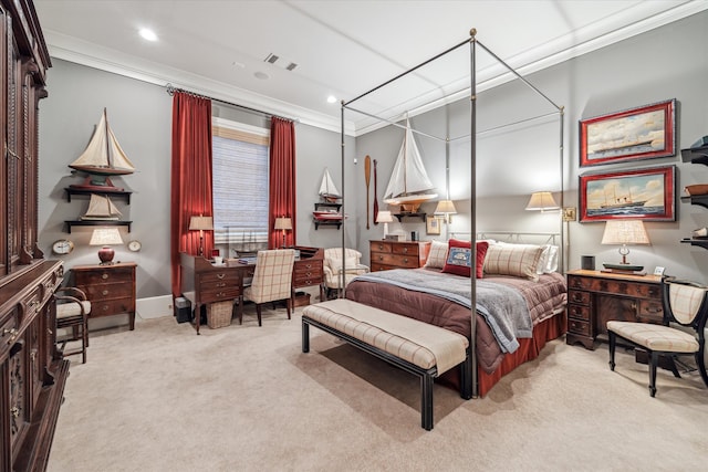 carpeted bedroom with ornamental molding