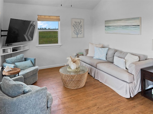 living room featuring lofted ceiling and hardwood / wood-style floors