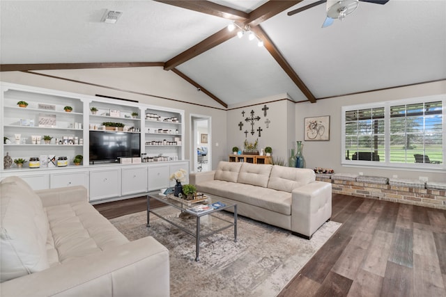 living room featuring wood-type flooring, vaulted ceiling with beams, ceiling fan, and a textured ceiling