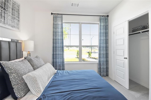 bedroom with a closet, light carpet, and multiple windows