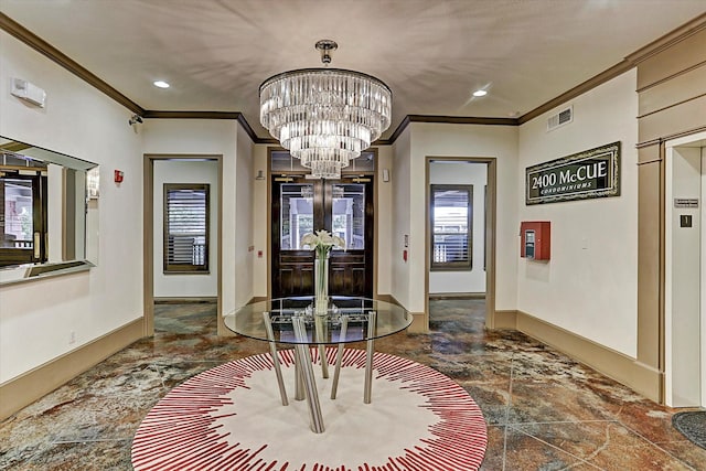 hall with a notable chandelier and crown molding