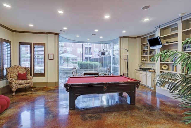 rec room featuring ornamental molding and pool table