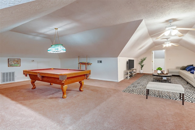 rec room with pool table, carpet flooring, ceiling fan, vaulted ceiling, and a textured ceiling