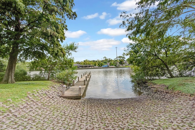 view of water feature with a dock