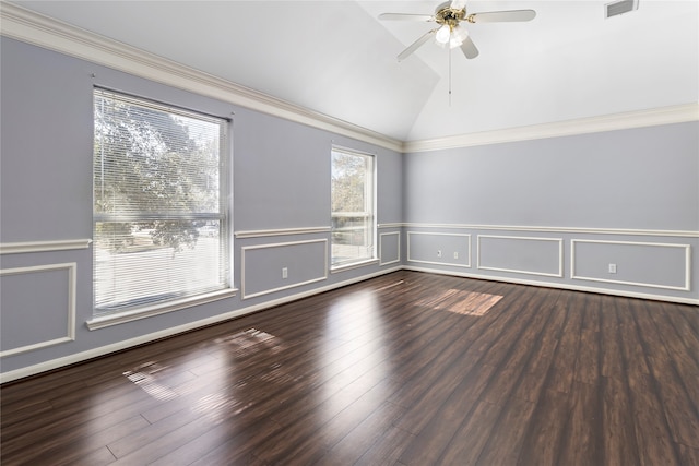 empty room featuring ceiling fan, ornamental molding, dark hardwood / wood-style flooring, and vaulted ceiling