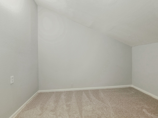 additional living space with a textured ceiling, light colored carpet, and vaulted ceiling