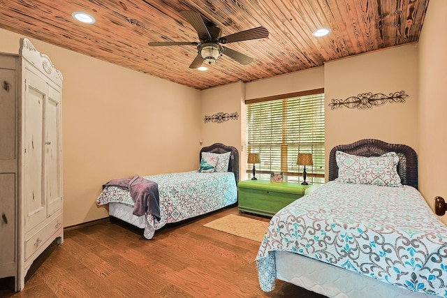 bedroom with wood ceiling, ceiling fan, and hardwood / wood-style floors