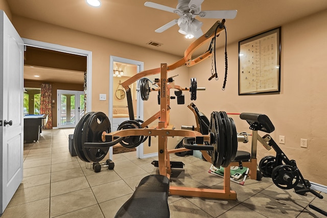 workout area featuring ceiling fan