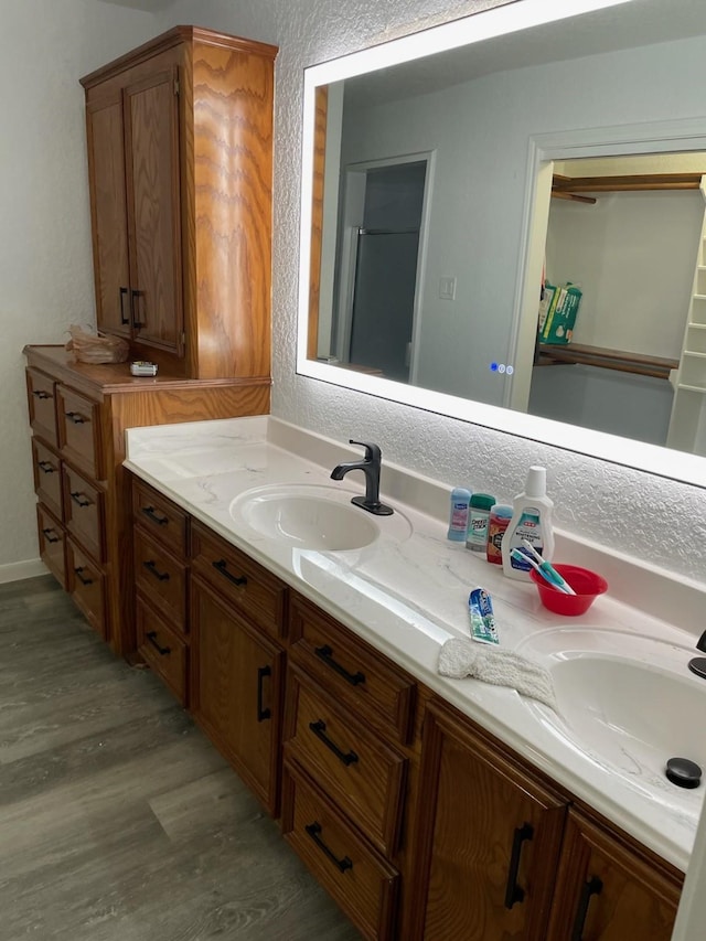 bathroom featuring hardwood / wood-style flooring and vanity