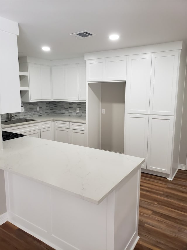 kitchen with white cabinetry, dark hardwood / wood-style flooring, light stone counters, and tasteful backsplash