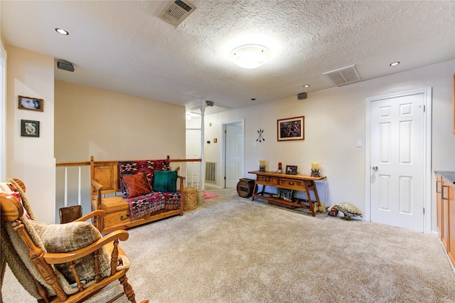 sitting room with a textured ceiling and carpet