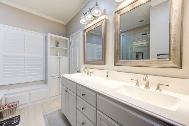 bathroom with ornamental molding, tile patterned flooring, vanity, and a shower with shower door