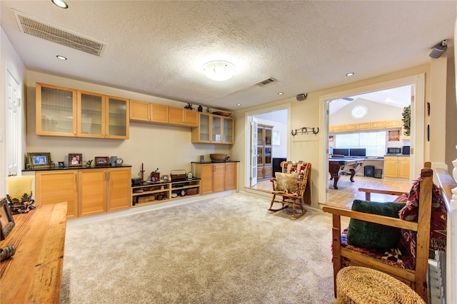 interior space featuring a textured ceiling and vaulted ceiling