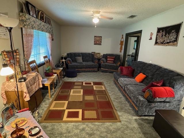 carpeted living room with ceiling fan and a textured ceiling