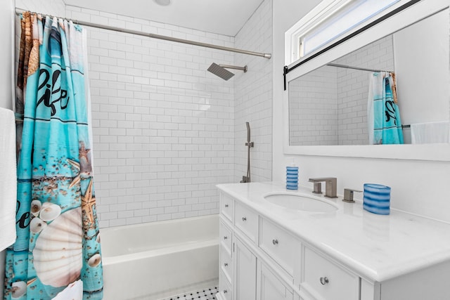 bathroom featuring vanity and shower / bath combo with shower curtain