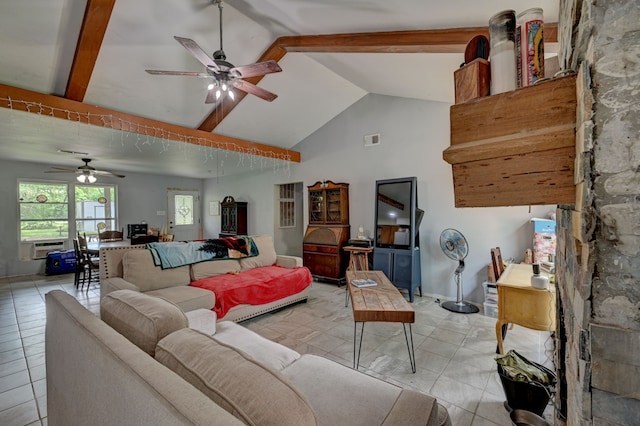 living room featuring ceiling fan, light tile patterned flooring, and vaulted ceiling with beams