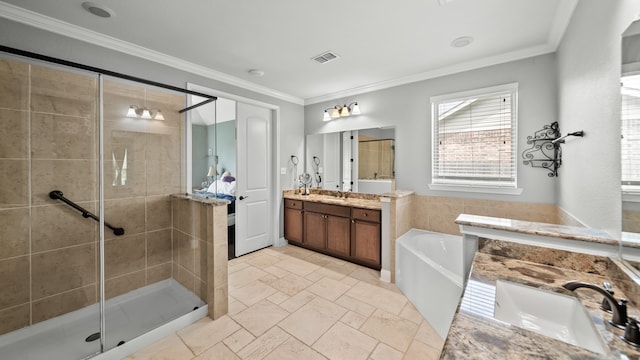 bathroom featuring crown molding, vanity, and plus walk in shower