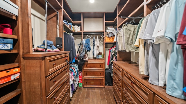 walk in closet with dark wood-type flooring