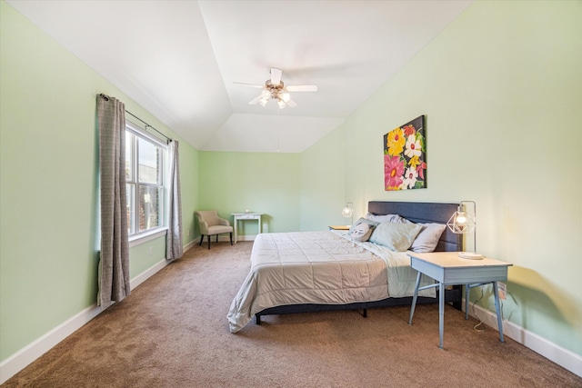 bedroom with lofted ceiling, carpet floors, and ceiling fan