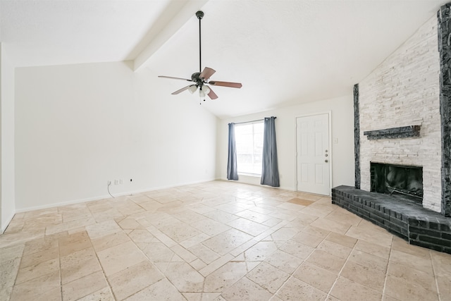 unfurnished living room featuring vaulted ceiling with beams, a fireplace, and ceiling fan