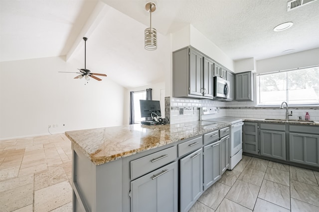 kitchen with sink, vaulted ceiling with beams, kitchen peninsula, pendant lighting, and white range with electric stovetop