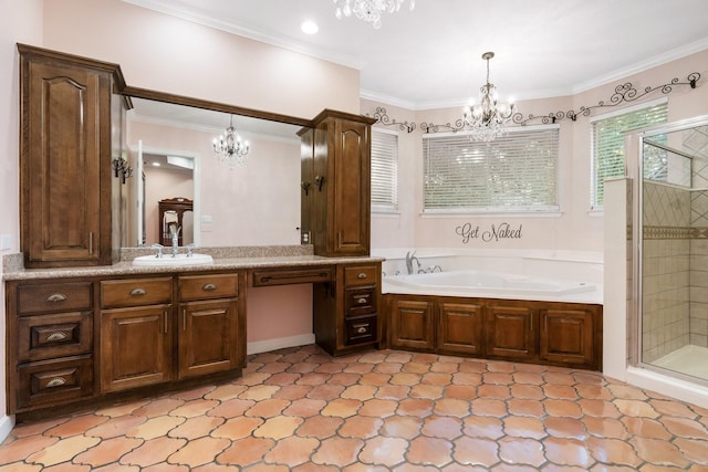 bathroom with vanity, separate shower and tub, and ornamental molding