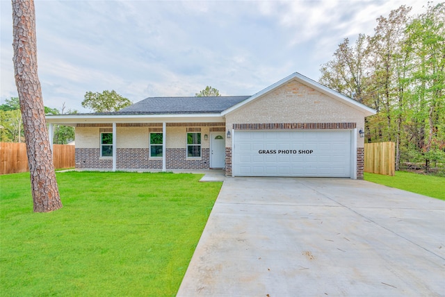 ranch-style house with a garage and a front lawn