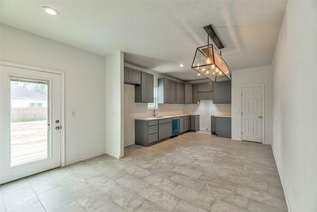 448 Brahman, Onalaska, TX 77360 - kitchen featuring gray cabinets, recessed lighting, hanging light fixtures, and dishwasher