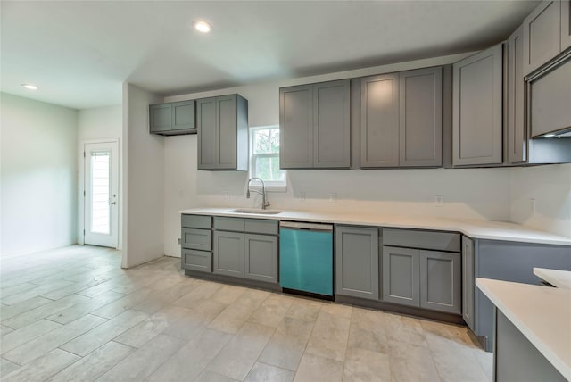448 Brahman, Onalaska, TX 77360 - kitchen featuring dishwashing machine, gray cabinets, light countertops, recessed lighting, and light wood-style floors