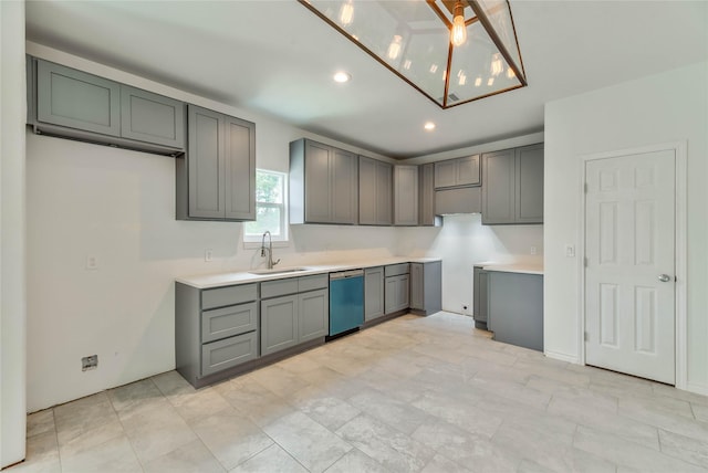 448 Brahman, Onalaska, TX 77360 - kitchen with dishwasher, gray cabinets, recessed lighting, and decorative light fixtures