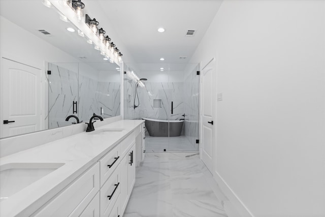 bathroom featuring shower with separate bathtub and vanity