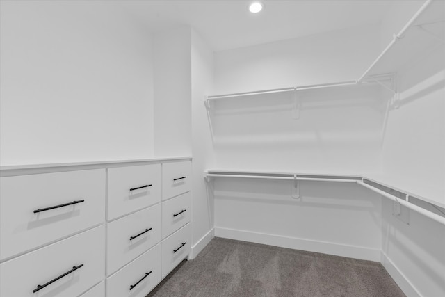 walk in closet with dark carpet