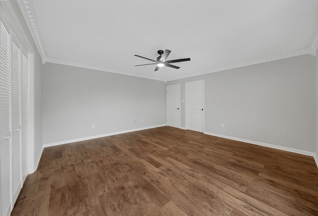 spare room featuring crown molding, ceiling fan, and hardwood / wood-style floors