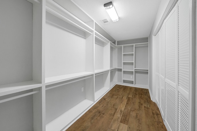 spacious closet featuring dark hardwood / wood-style flooring