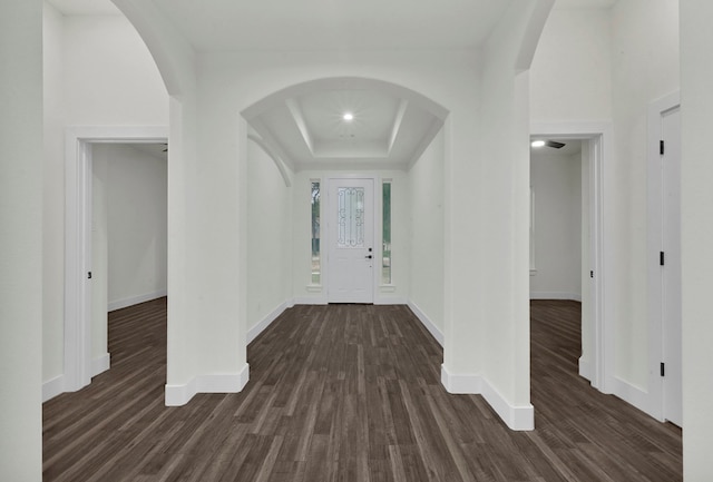 interior space featuring a tray ceiling and dark hardwood / wood-style flooring