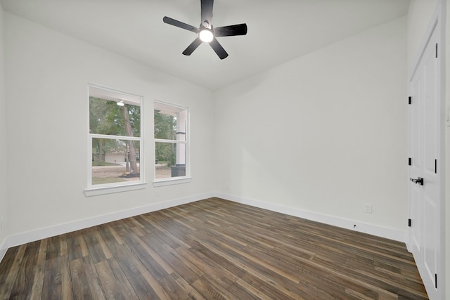 unfurnished bedroom featuring ceiling fan and dark hardwood / wood-style floors