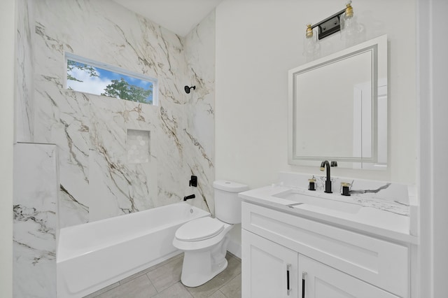 full bathroom featuring tiled shower / bath, vanity, toilet, and tile patterned flooring