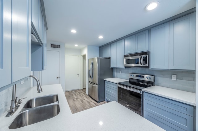 kitchen featuring appliances with stainless steel finishes, decorative backsplash, light wood-type flooring, and sink