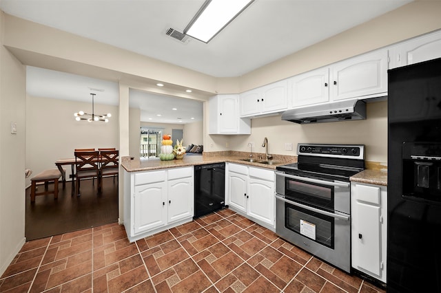 kitchen with black appliances, pendant lighting, sink, and white cabinets