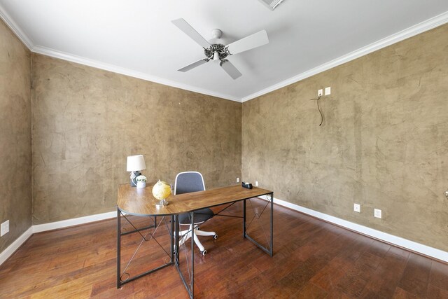 office space featuring crown molding, ceiling fan, and hardwood / wood-style floors