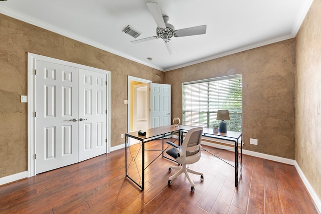 office featuring ceiling fan, dark hardwood / wood-style floors, and ornamental molding