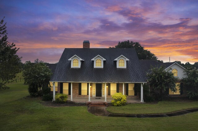 cape cod house featuring a yard and covered porch