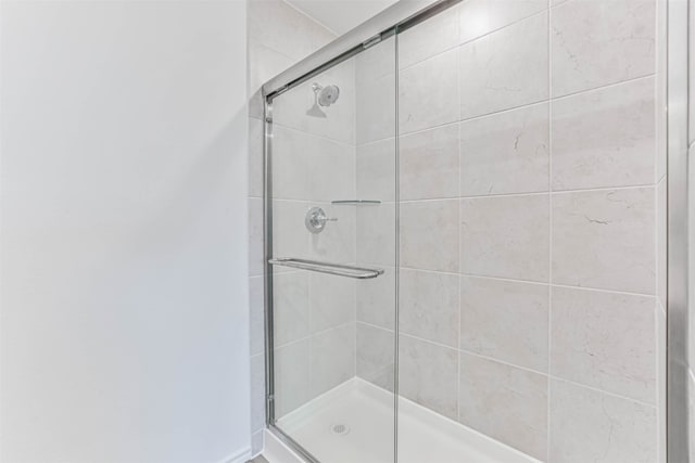 bathroom featuring a shower with shower door