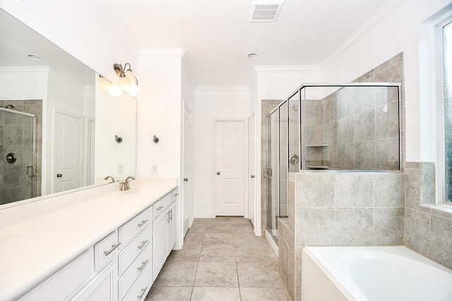 bathroom featuring crown molding, vanity, tile patterned floors, and plus walk in shower