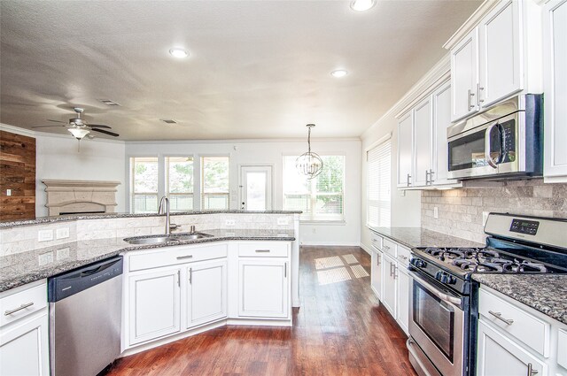 kitchen featuring white cabinets, dark wood-type flooring, stainless steel appliances, and sink