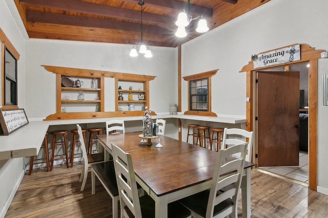 dining area with wooden ceiling, wood-type flooring, and a notable chandelier